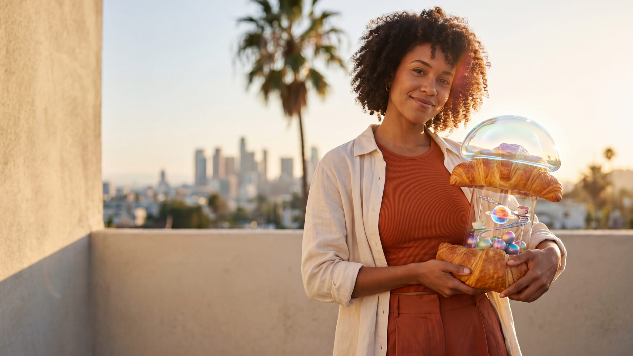 A fictional adult Los Angeles creator holding a surreal jellyfish-croissant gumball machine